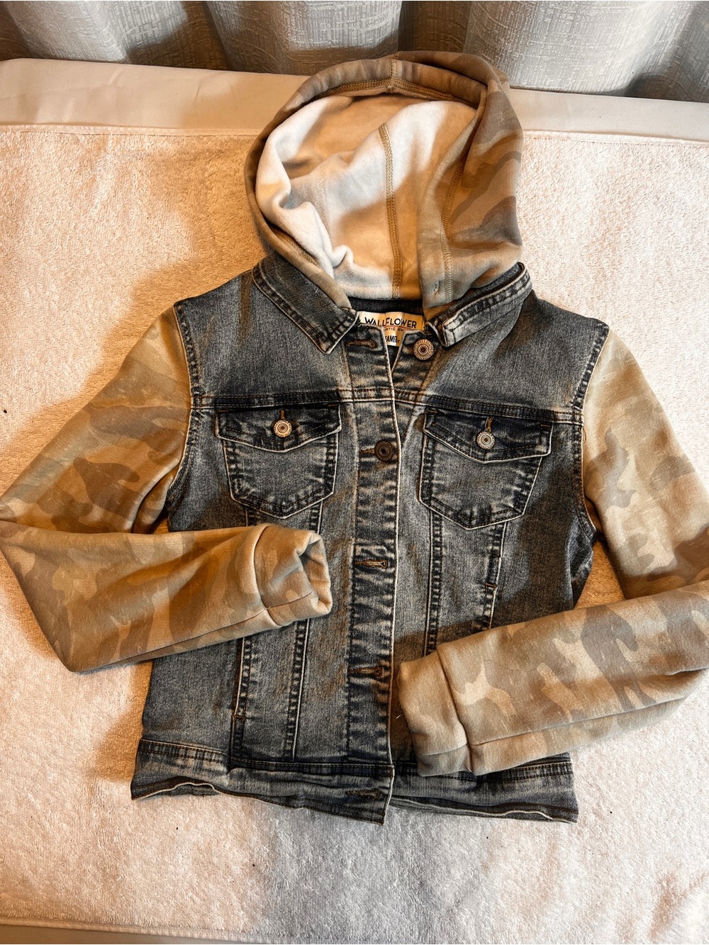 Wallflower Girls' Denim Jacket with Tan Camo Hood & Sleeves SIZE SMALL